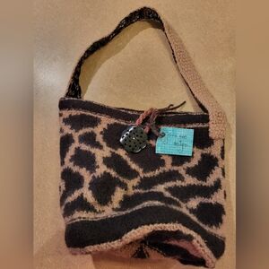 Artisan Handknit Brown and Tan Animal Print Shoulder Bag